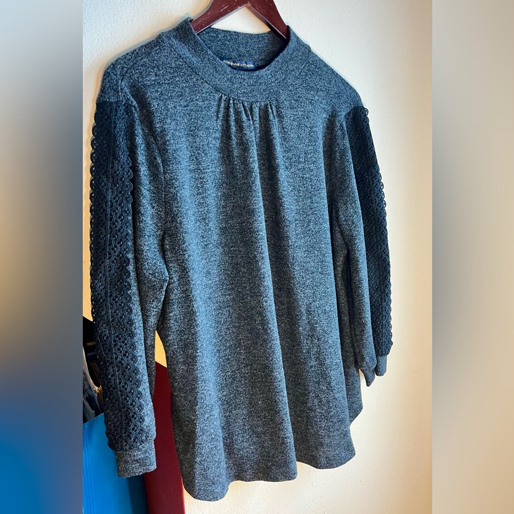 Adrienne Vittadini Gray Sweater with‎ Lace Sleeves